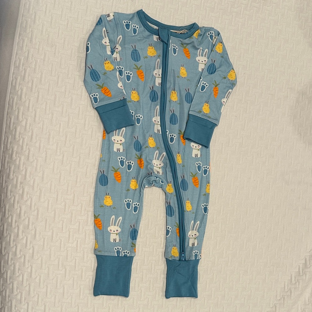 Charming Blue Kids Footie with Bunny and Carrot Design